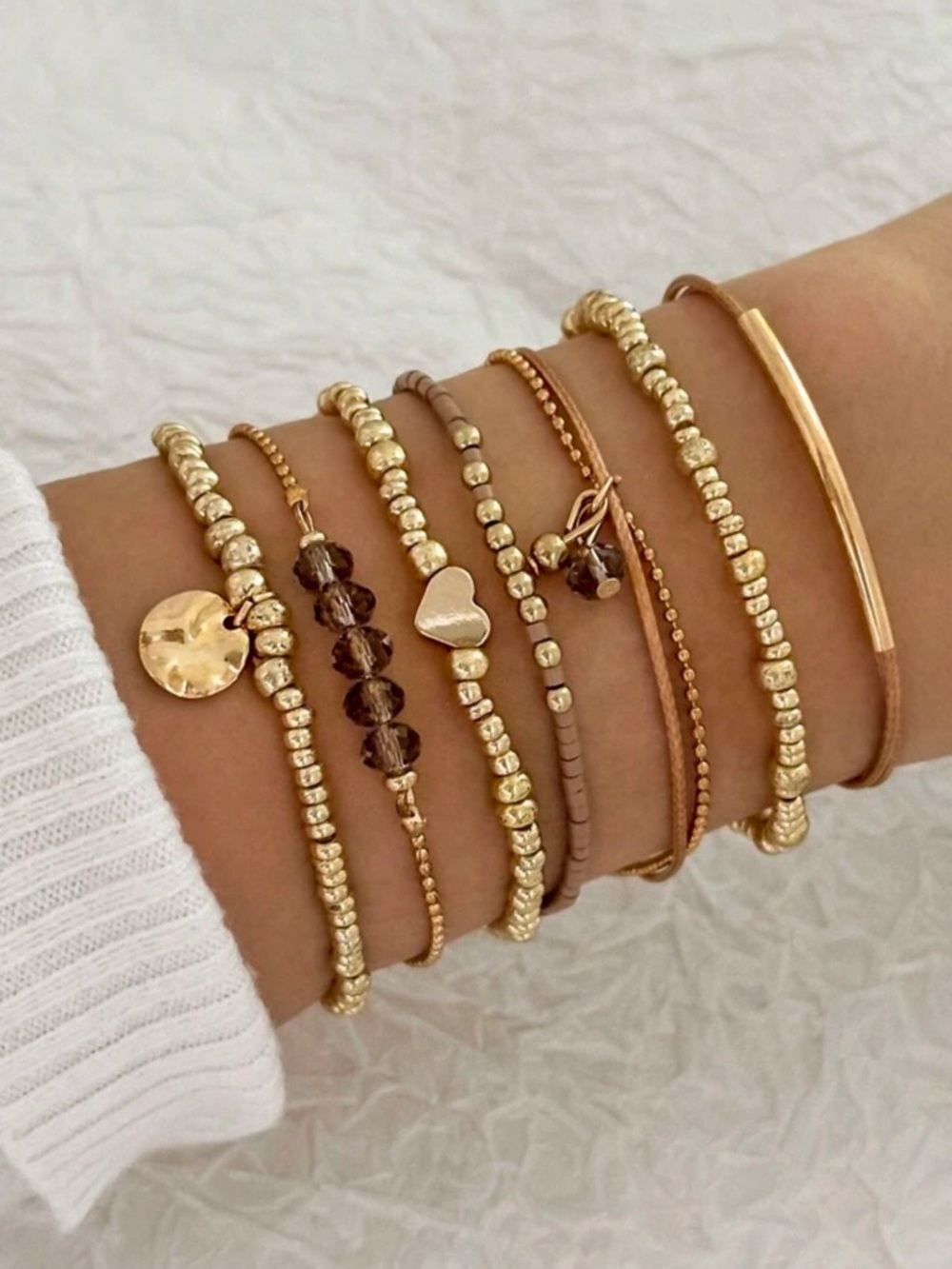 Boho Gold Neutral Layered Beaded Bracelet Set